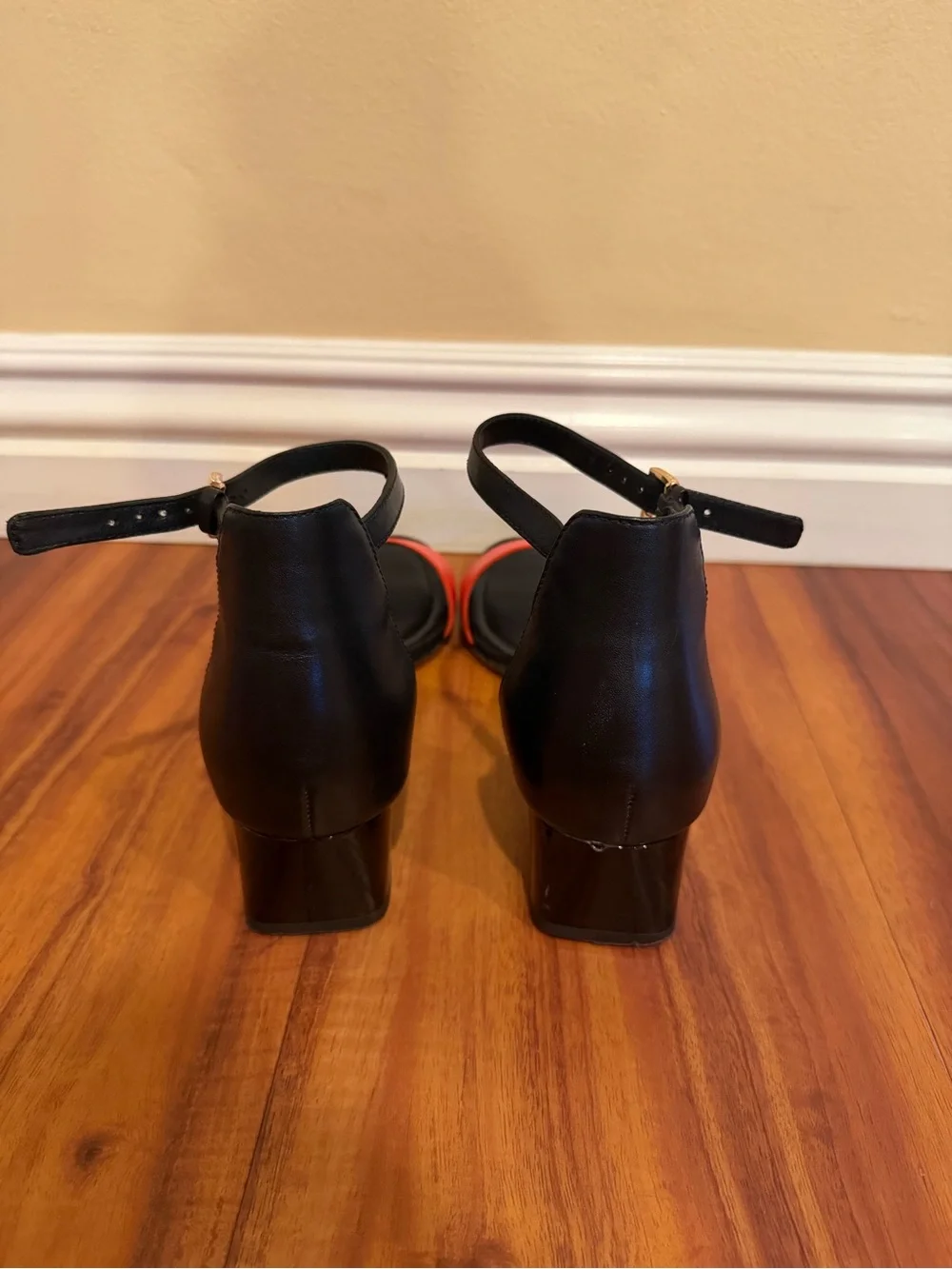 Tory Burch Black & Red Ankle-Strap Block Heel Sandals